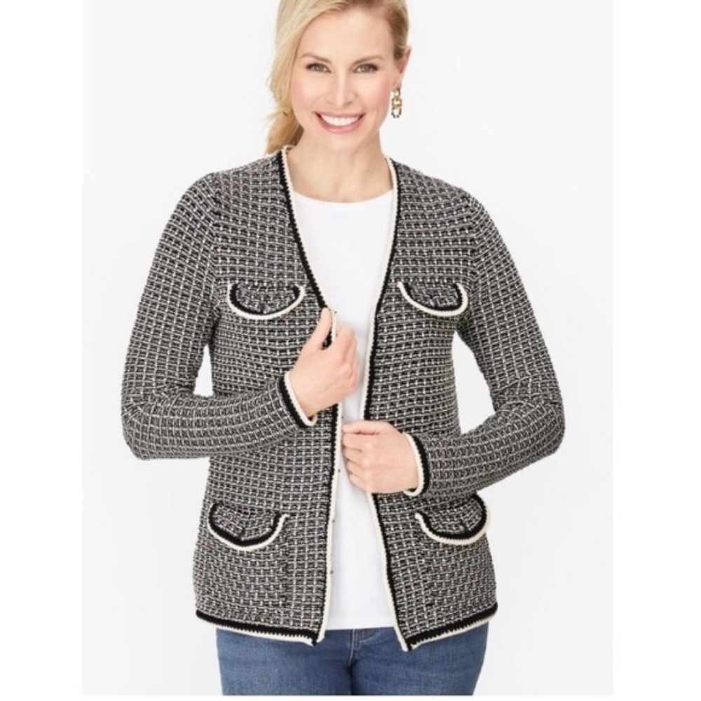 Talbots Black White Tipped Tweed Sweater Blazer, Size XS